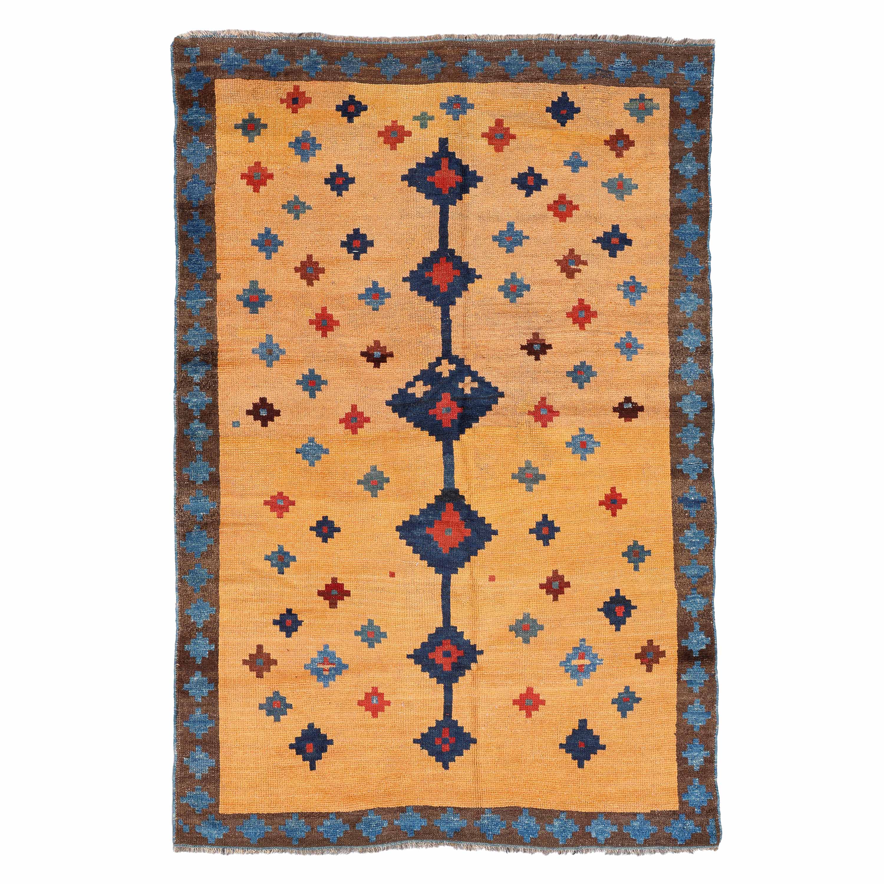 Antique Tribal Gabbeh, 7'0" x 4'9" Persian Rug with Gold and Indigo Star Motifs, Persia (c. 1925)
